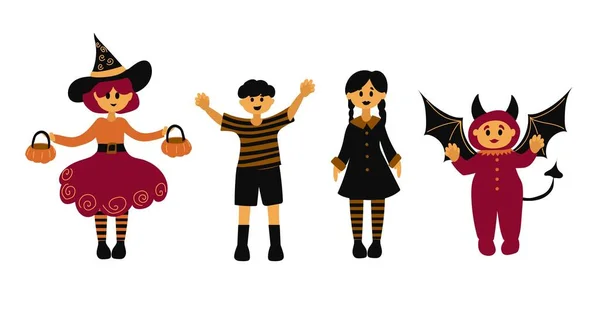 Halloween Ünnepek Rajzfilm Karakter Aranyos Gyerekek Vektorizolált Készlet — Stock Vector