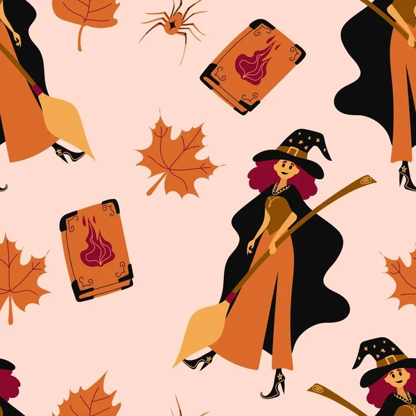 Modèle Halloween Sans Couture Personnage Sorcière Sur Manche Balai Fantômes — Image vectorielle