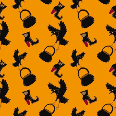 Cadılar Bayramı vektör çizgi filmi kusursuz desen. Kuzgun ve cadının kazanı. Duvar kağıdı, ambalaj, paketleme ve arkaplan.