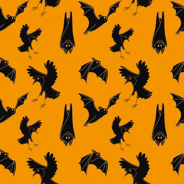 万圣节矢量漫画无缝图案 乌鸦和蝙蝠 包装和背景的背景 — 图库矢量图片