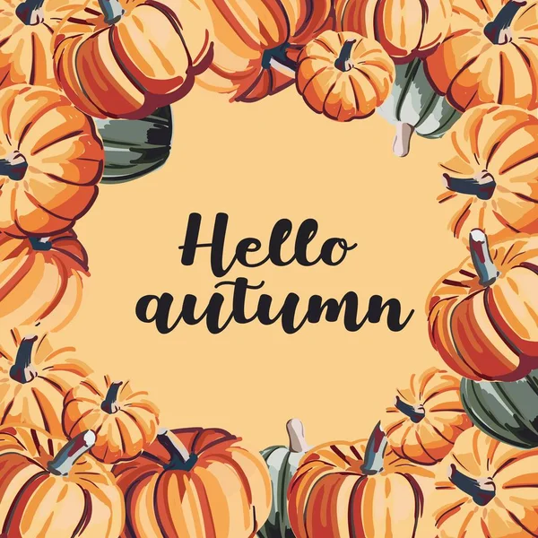 Hallo Herbstbanner Oder Grußkarte Für Die Herbstferien Kürbisse Und Inschriften — Stockvektor