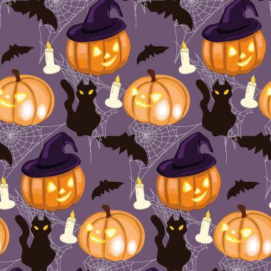 Cadılar bayramı için kusursuz bir desen. Kara kedi, balkabağı, mumlar ve örümcek ağları.