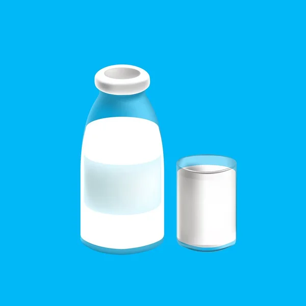 牛奶玻璃瓶和玻璃杯 牛奶分离的蓝色背景 — 图库矢量图片