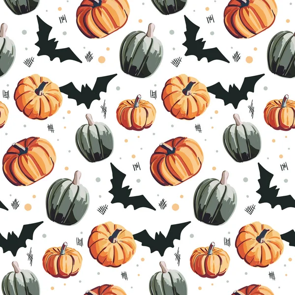 Herbst Nahtloses Muster Mit Kürbissen Und Herbstblättern Auf Blauem Hintergrund — Stockvektor