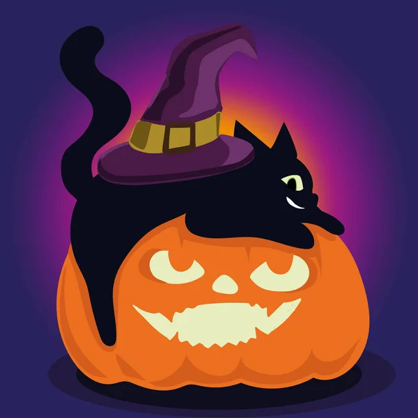 黒猫のポストカードとカボチャ 黒猫の紫の魔女の帽子 — ストックベクタ