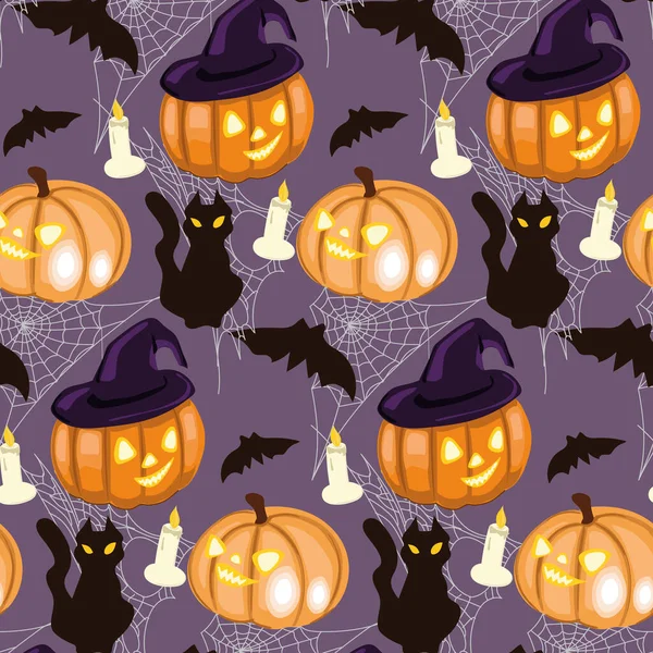 Patrón Sin Costuras Para Halloween Gato Negro Calabaza Velas Telarañas — Vector de stock