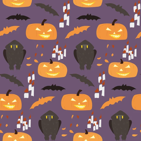 Seamless Pattern Halloween Owl Candels Bats Pumpkins Purple Background — Stock Vector