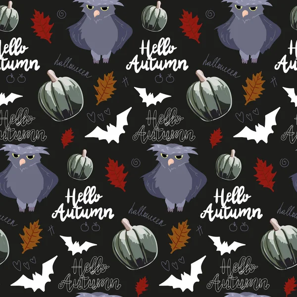 Modèle Sans Couture Pour Halloween Hibou Bougies Chauves Souris Citrouilles — Image vectorielle