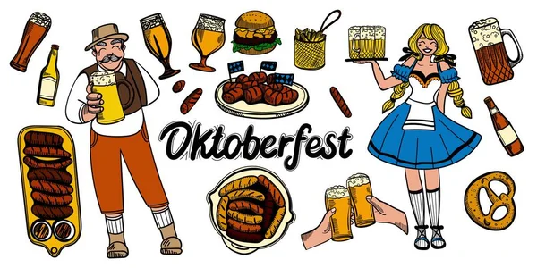 Oktoberfest Comida Colección Símbolos Vector Oktoberfest Objetos Iconos Con Inscripción — Vector de stock