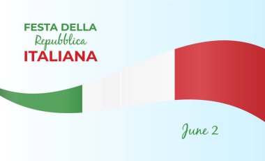 İtalya cumhuriyet günü, 2 Haziran, festa della repubblica Italiana, İtalyan ulusal bayrağının renginde eğilmiş kurdele sallıyor. Kutlama arkaplanı.