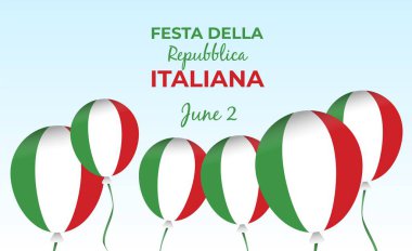 İtalya cumhuriyet günü, 2 Haziran, festa della repubblica Italiana, İtalyan ulusal bayrağının renginde eğilmiş kurdele sallıyor. Kutlama arkaplanı.