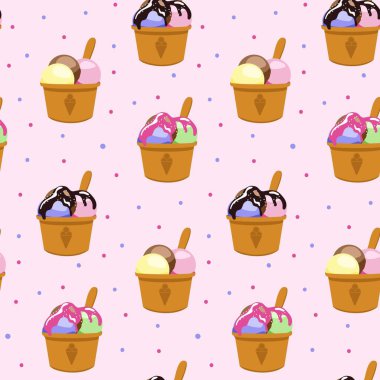 Pembe arka planda kaşığı olan bir fincanda dondurma. Kusursuz desen. Tatlı dondurma tatlısı. Tekstil, kağıt, kumaş, duvar kağıdı, ambalaj, fon için. Vektör illüstrasyonu.