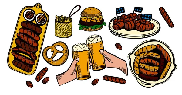 Composition Des Boissons Des Collations Mettre Nourriture Bière Dans Verre — Image vectorielle