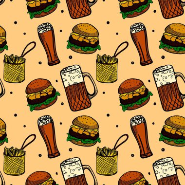 Sokak Yemeği Düzeni. Paketleme kağıdı tasarımı. Burger ve biranın sarı oyma stili çizimleri. EPS10 vektör illüstrasyonu