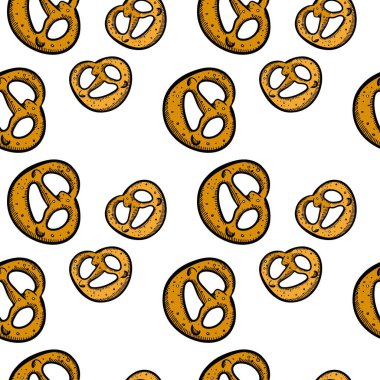 Pretzel Oktoberfest Kusursuz Desen. Taze organik ürünler. Beyaza elle çizilmiş resim deseni. Oktoberfest yemeği. Geleneksel bira atıştırması. Tekstil, ambalaj, kağıt baskı, basit arkaplan ve dokular için ideal