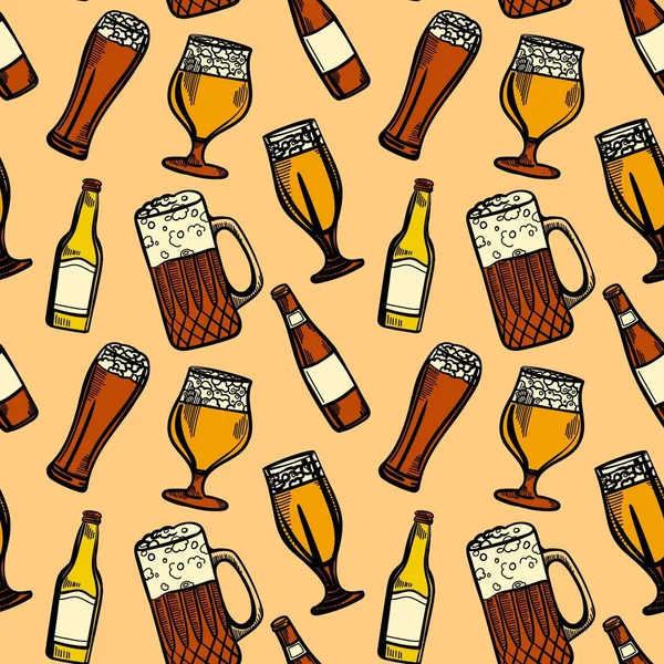 Stock vector Vector seamless pattern with different beer glasses and mugs. illustration background in ink hand drawn style