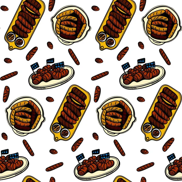 Oktoberfest Seamless Pattern Sausages Sauces Illustration Background Ink Hand Drawn — Stock Vector