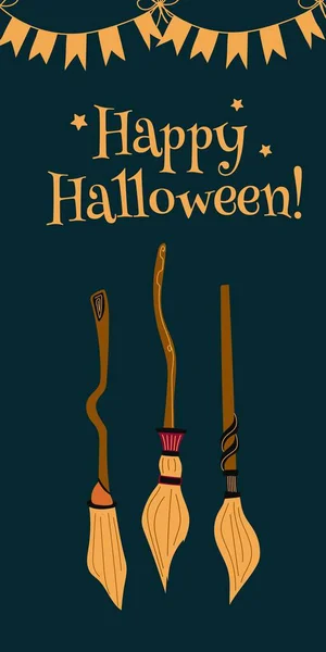 Boldog Halloweent Függőleges Transzparensek Tapéta Közösségi Média Történeteihez Boszorkány Seprűje — Stock Vector