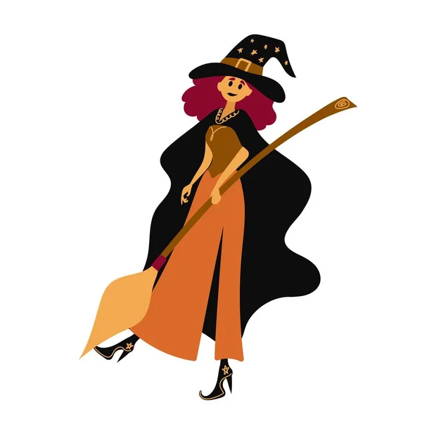 Cute Witch Broom Her Hands Vector Illustration Decorative Element Halloween — Stock Vector