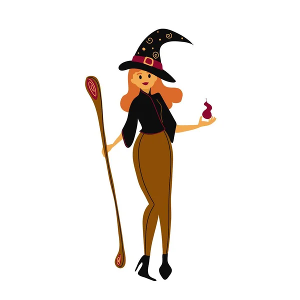 Aranyos Boszorkány Seprűvel Kezében Vektor Illusztráció Díszítő Elem Halloweenre — Stock Vector