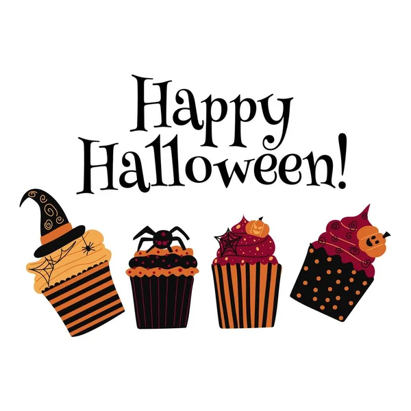 Happy Halloween Cupcake Karte Cupcakes Zum Thema Halloween Feiertagsdekoration Boo — Stockvektor