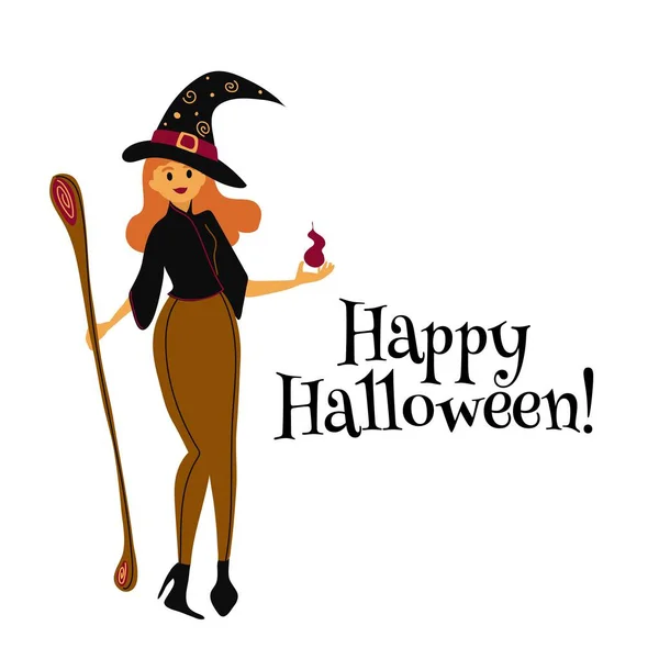 Tarjeta Felicitación Halloween Con Una Bruja Decoración Navideña Truco Trato — Vector de stock