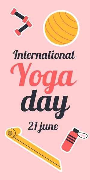 Uluslararası Yoga Günü. Düz vektör çizimi. Sosyal medya hikayeleri için dikey pankart ve duvar kağıdı