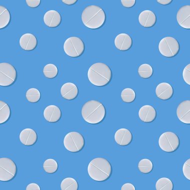 Mavi arka planda beyaz haplar. Kusursuz desen. Tedavi ve iyileşme kavramı. Uygulamalar, web siteleri ve sosyal ağlar için sağlık tasarım unsuru. Vektör illüstrasyonu.