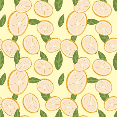 Limon dilimleri ve nane yapraklarıyla kusursuz desen. Bahar ve yaz kavramının arka planı. Yüzey tasarımı paketi, afiş, şablon, mutfak, kumaş ve tekstil tasarımı için mojito kokteyli narenciyesi