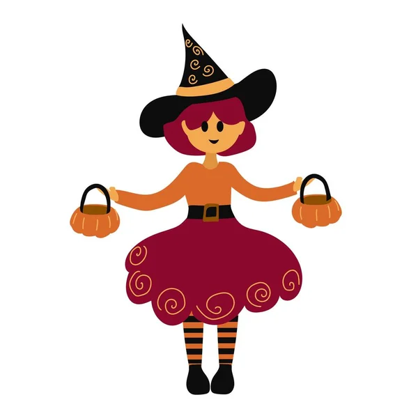 Aranyos Lány Halloween Boszi Jelmezben Tökkel Fehér Háttérrel Vektor Illusztráció — Stock Vector
