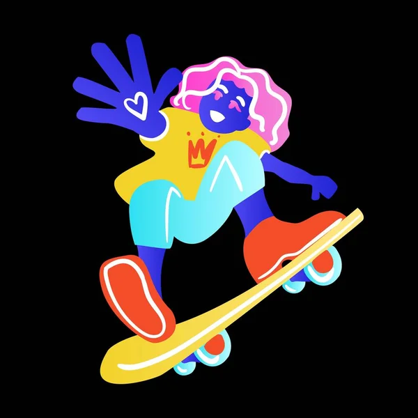 黑色背景的滑板手 那个滑板手在耍花样 滑板者在明亮的霓虹灯色T恤设计 矢量说明 — 图库矢量图片