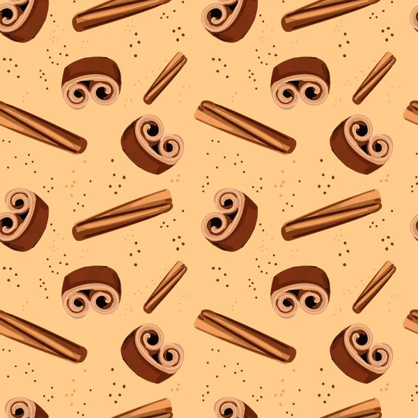 Cinnamon Seamless Pattern Cinnamon Sticks Bark Background Brown Spice Aromatic — Stock Vector