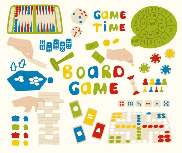 Tüm Aile Koleksiyonu için Masa Oyunları. Farklı Oyunların Renkli Vektör Doodle İllüstrasyonu. Home Entertainment Tasarım Elementleri. Vektör.