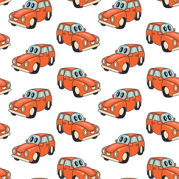 stock vector Retro car seamless pattern. Cartoon Transportation Background for Kids. Vector Seamless Pattern with doodle Toy Cars and Traffic signs.