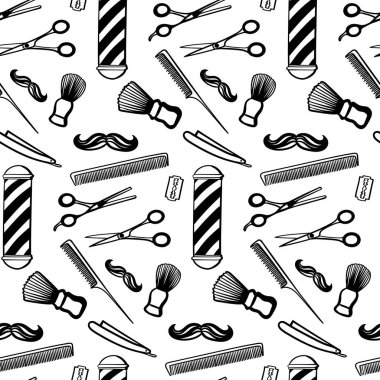 Berber dükkanı kusursuz desen, siyah beyaz tekrarlanan desen. Erkeklerin berber dükkanının çıktısı. Beyaz arka planda erkek kuaförü için bir takım aksesuarlar.