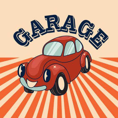 Otomatik servis retro poster tasarımı. Klasik garaj ve araba tamir vektör etiketi. Kirli eski kağıt dokusu üzerinde ulaşım şablonu