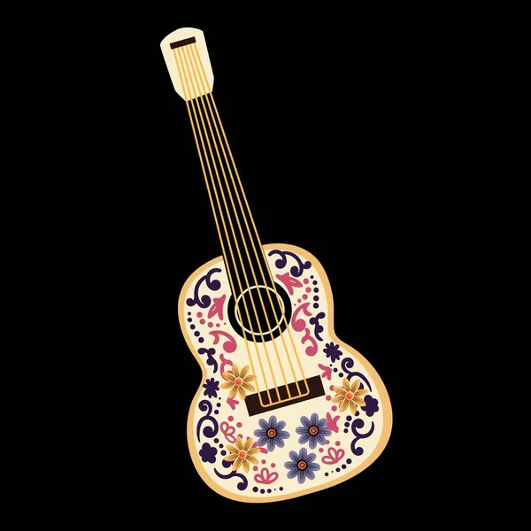 Guitar Decorated Flowers Musical Instrument Black Background Flat Style Vector — Stock Vector