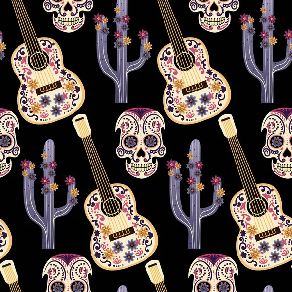Jour Des Morts Fond Sans Couture Guitare Crâne Cactus Illustration Vecteur En Vente
