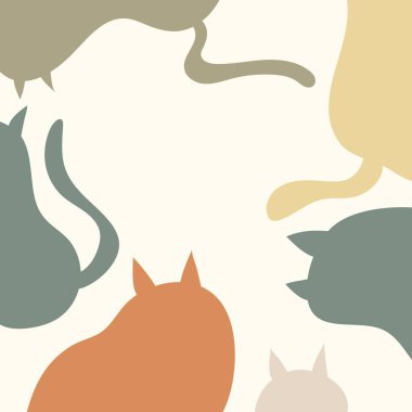 Kedilerle arka plan. Kedi siluetleri çerçevesi. Pastel renkler. Vektör çizimi. Web sitesi veya blog geçmişi, sosyal medya paylaşımları, tebrik kartları, davetiyeler, kitap kapakları için