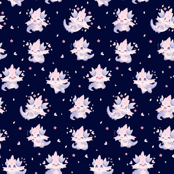 Çocukların sevimli ejderhalarla kusursuz desenleri. Tebrik kartları, davetiyeler, not defterleri, ambalaj kağıtları ya da tişört, elbise ya da pijama gibi çocukların giydiği eşyaların kalıplarını tasarlamak için.