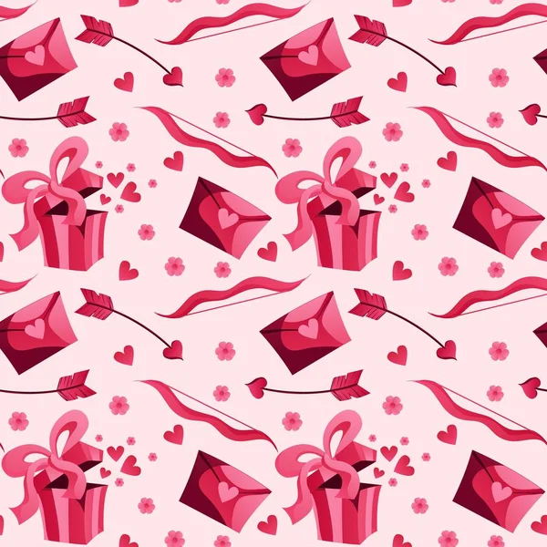 Dia Dos Namorados Padrão Sem Costura Presente Rosa Com Fita — Vetor de Stock