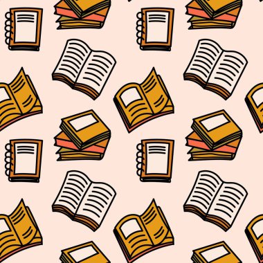 Kitap karalama resimli, pürüzsüz bir şablon. Hoş bir kitap çeşitliliği içeren vektör sanat eserleri sıcak ve davetkar bir ortam yaratıyor..