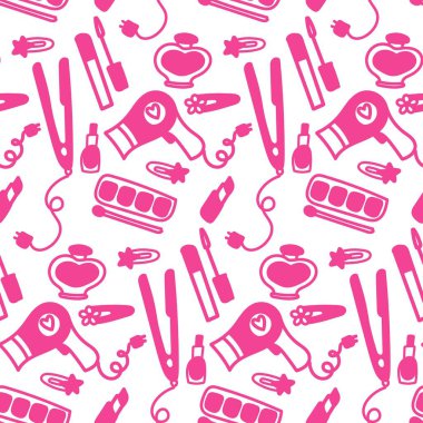 Barbiecore kusursuz desen. Kozmetik ürünleri, saç kurutma makinesi ve stilistin yer aldığı pembe düz çizimler. Moda, güzellik ve yaşam tarzıyla ilgili projeler için uygun vektör illüstrasyonu.