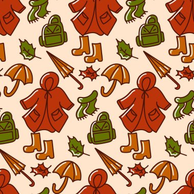 Sonbahar pürüzsüz desen. Karalama elementleri. Kıyafetler, şemsiye ve yapraklar. Vektör çizimi. Tekstil, kağıt tasarımları, ev dekorasyonu ve diğer yaratıcı projelerde kullanım için ideal.