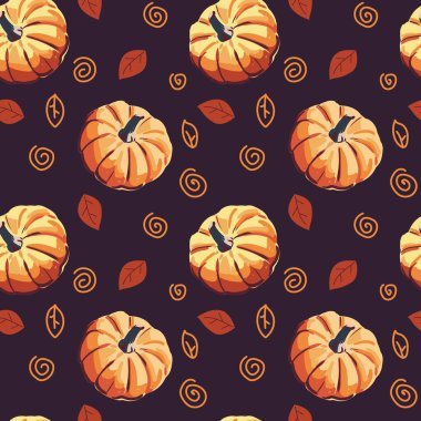 Balkabakları pürüzsüz desen. Violet geçmişi. Sıcak sonbahar arka planı. Vektör. Sonbahar temalı tasarımlar yapmak için mükemmel, tekstil, kağıt işçiliği ve daha fazlası gibi çeşitli projeler için uygun..