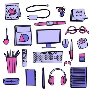 İş yeri için karalama elementleri. Vektör. Ofisle ilgili sunumlar, eğitim materyalleri veya iş alanı organizasyonu rehberleri için görsel olarak ilgi çekici ve bilgilendirici materyaller oluşturmak için kullanılabilir.