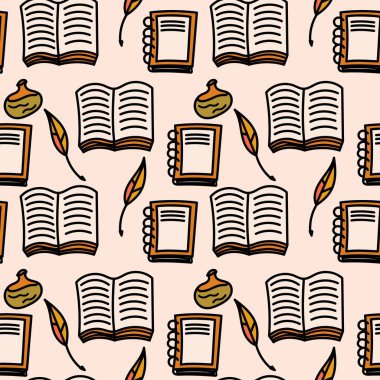 Kitap karalama resimli, pürüzsüz bir şablon. Hoş bir kitap çeşitliliği içeren vektör sanat eserleri sıcak ve davetkar bir ortam yaratıyor..