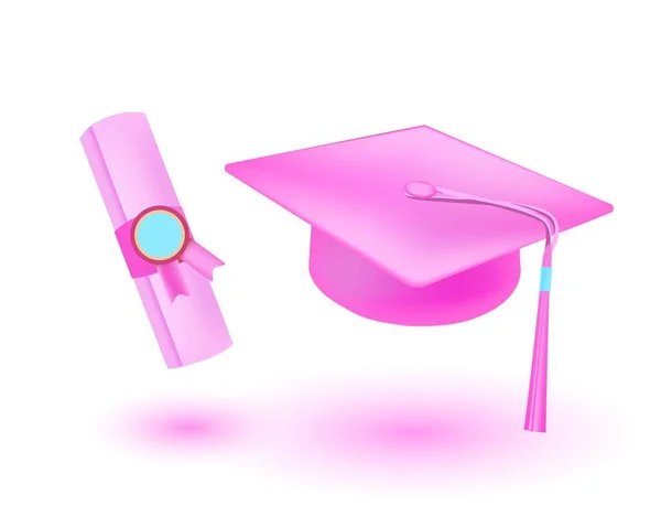 Μια Ζωντανή Τρισδιάστατη Διανυσματική Απεικόνιση Ροζ Φοιτητικό Καπέλο Και Δίπλωμα — Διανυσματικό Αρχείο