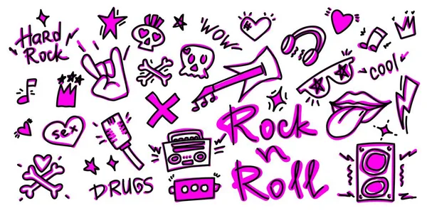 Rock Roll Punk Müzik Karalama Seti Graffiti Dövme Eli Çıkartma — Stok Vektör