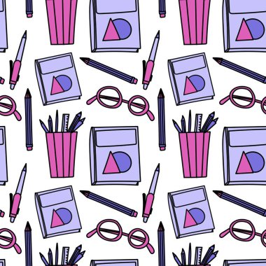 Gözlükler, defterler ve kalemli kalemler içeren kusursuz eğitim temalı desenler. Eğitim malzemeleri, kırtasiye tasarımları ve okula dönüş projeleri için mükemmel. Vektör biçimi